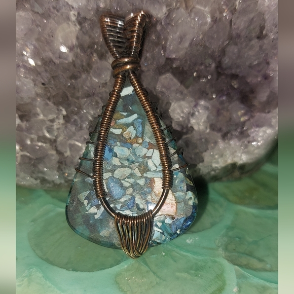 Oyster Turquoise Copper Wire Wrapped Pendant - Picture 3 of 4